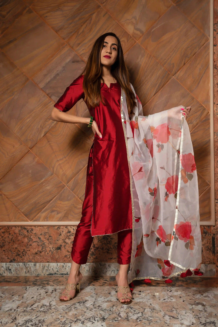 Maroon phool taffeta silk suit | with digital print organza dupatta set signature design