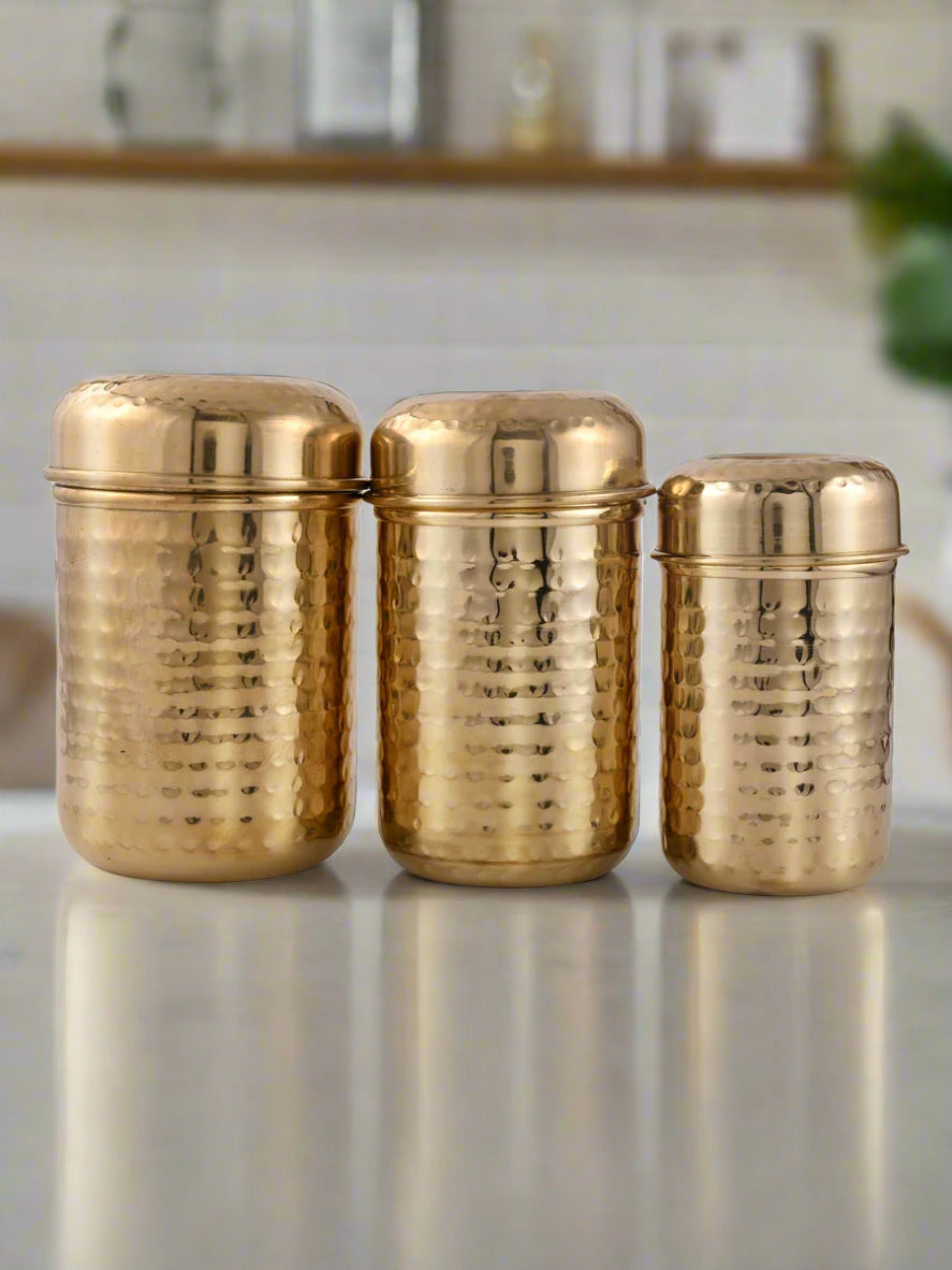 Kitchen Canister Set | 3 Pc Brass Airtight Storage  Tea Coffee Sugar