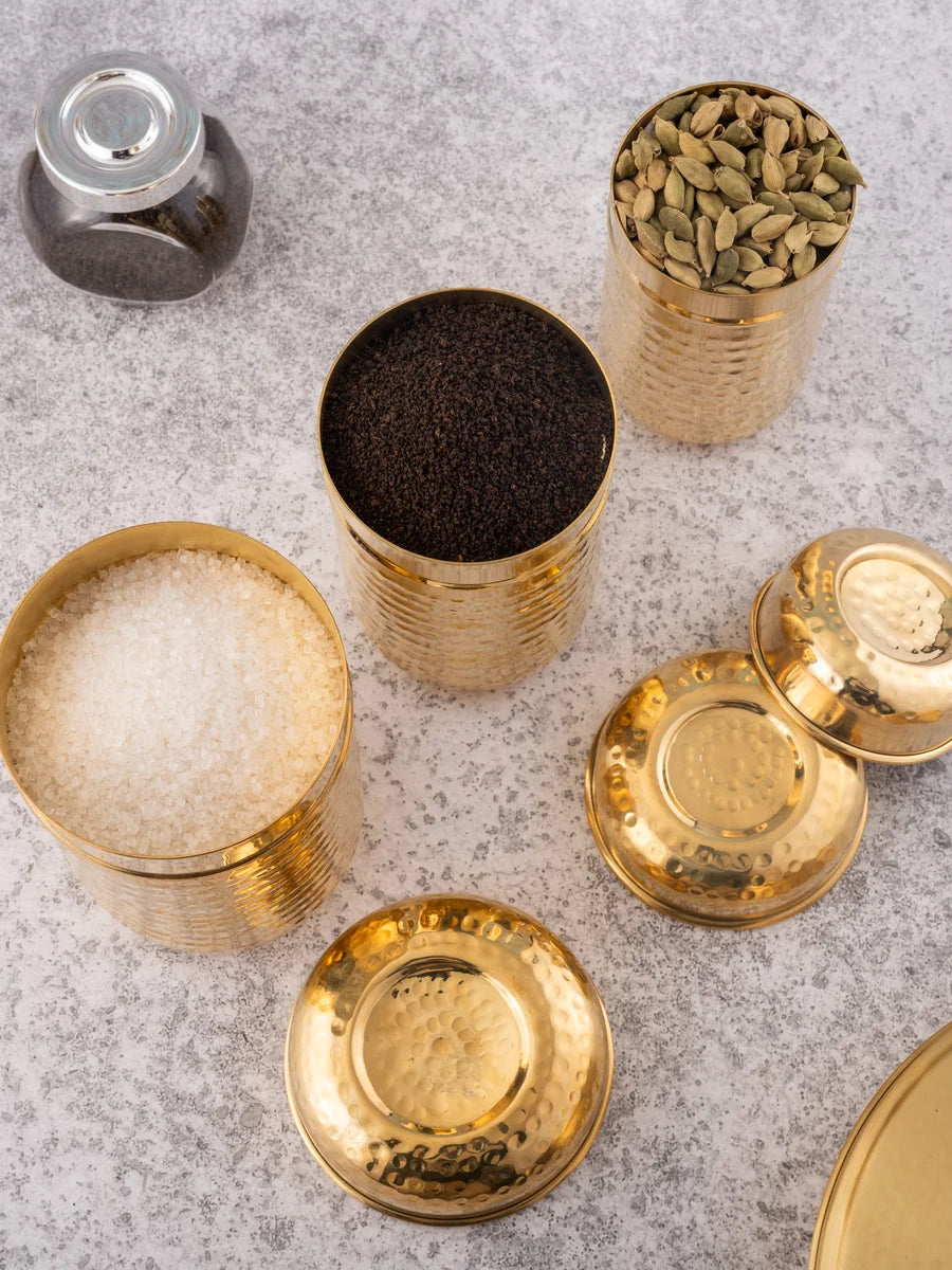 Kitchen Canister Set | 3 Pc Brass Airtight Storage  Tea Coffee Sugar