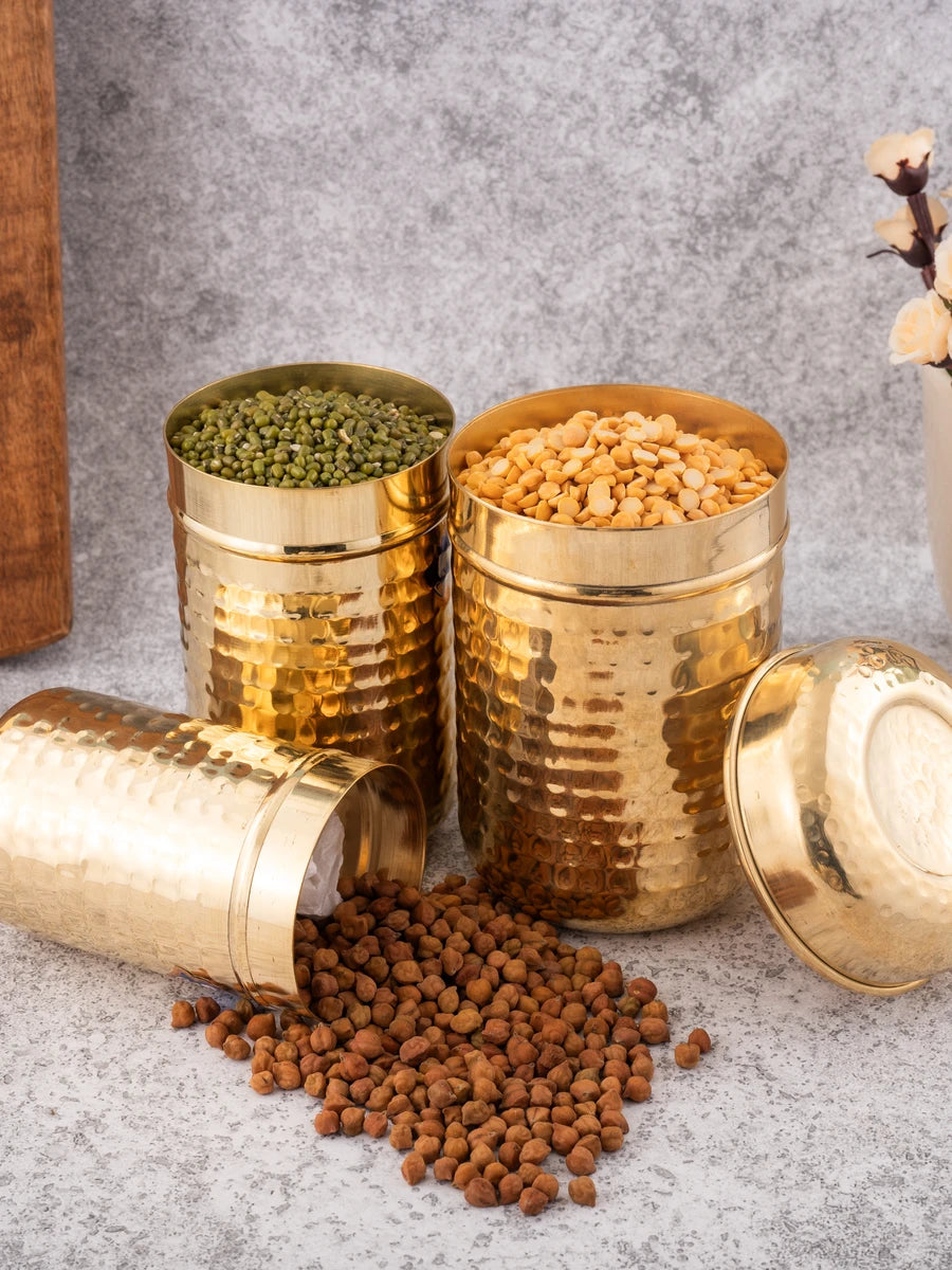 Kitchen Canister Set | 3 Pc Brass Airtight Storage  Tea Coffee Sugar