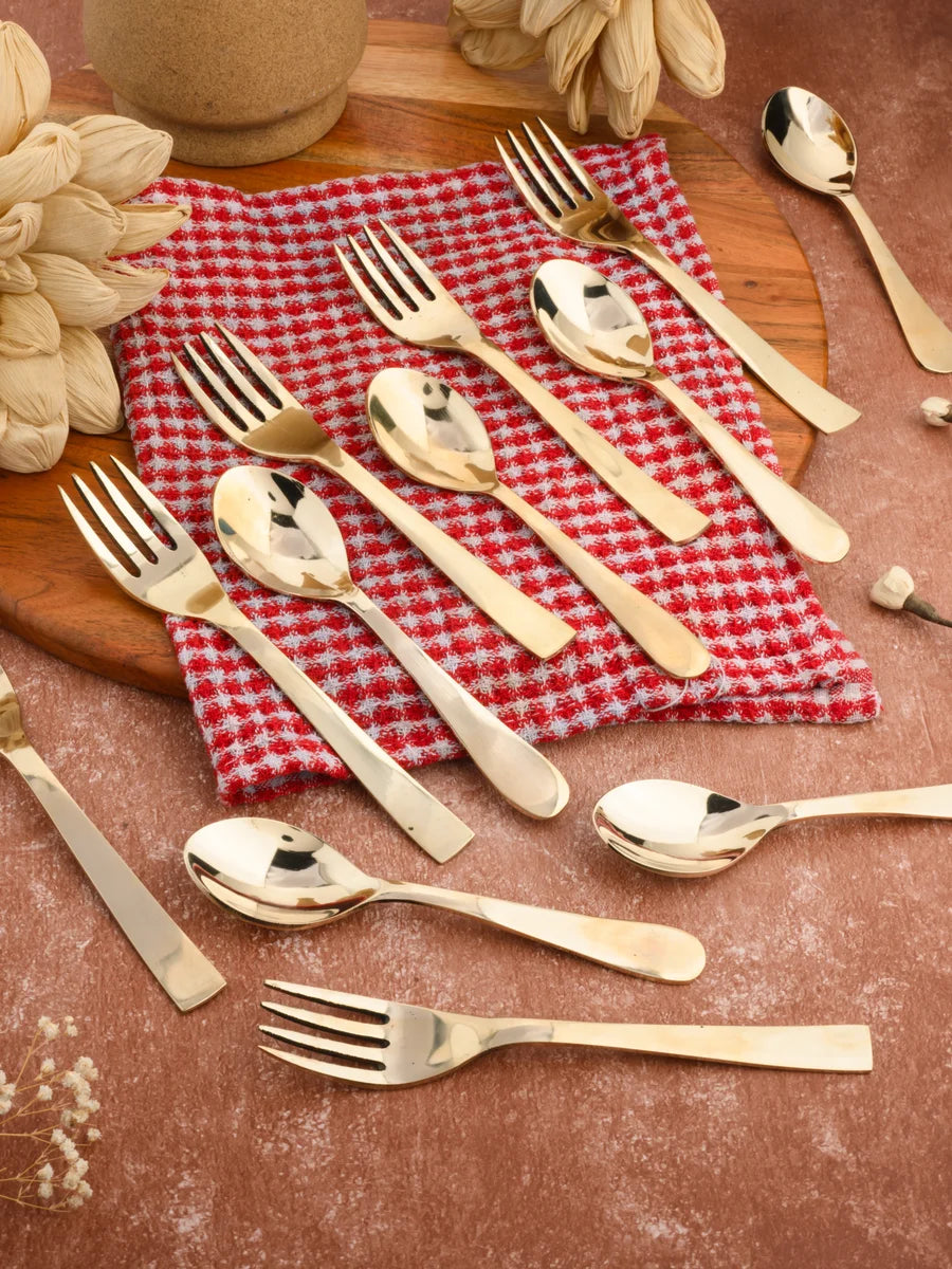Kansa Glossy Spoon Fork Set | 6 Spoons & 6 Forks 18 cm Durable Cutlery