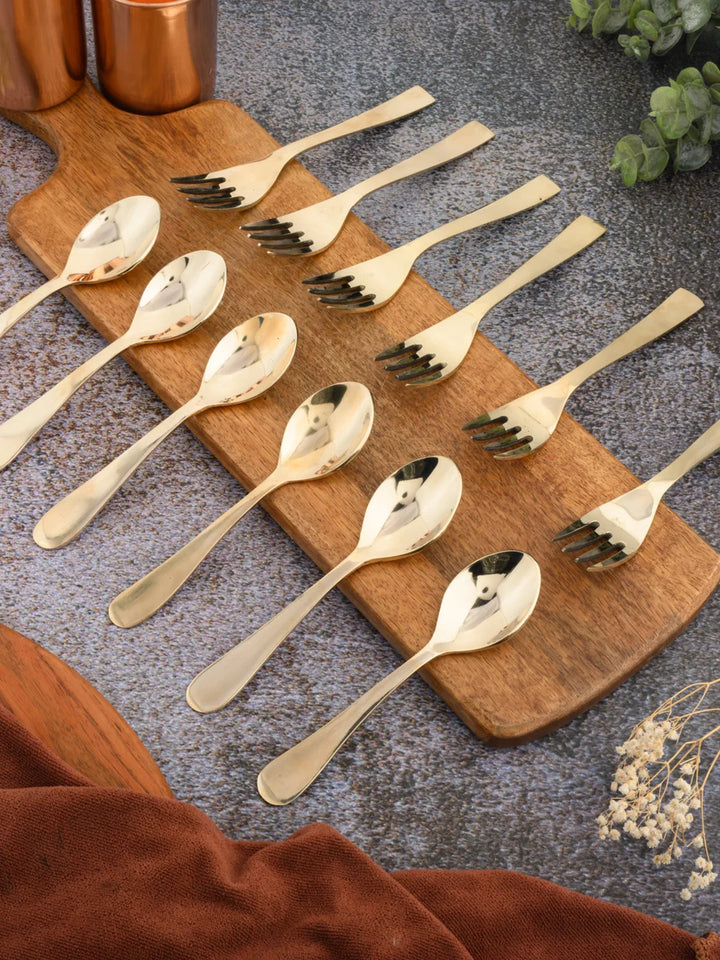 Kansa Glossy Spoon Fork Set | 6 Spoons & 6 Forks 18 cm Durable Cutlery