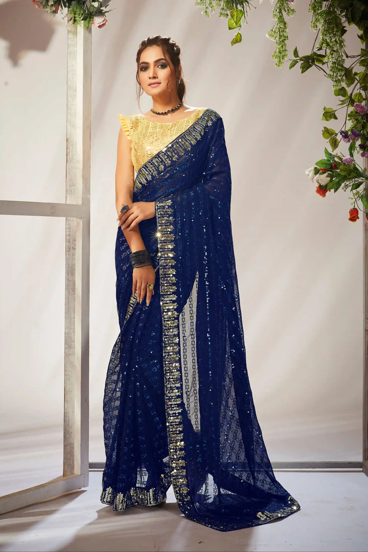 Dark Blue Georgette Saree with Heavy Sequin Embroidery  