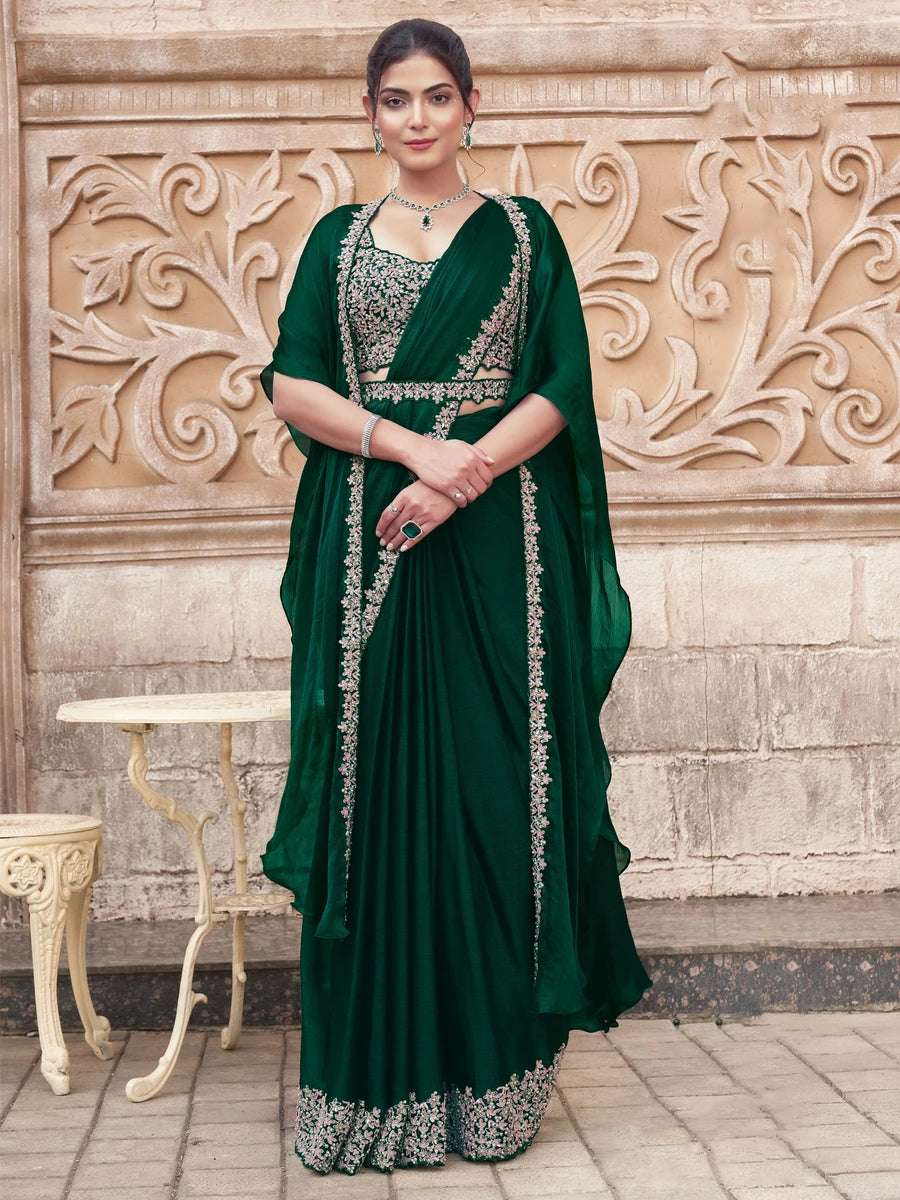 Dark Green Chiffon Ready-to-Wear Saree Embroidery Work | Wedding Wear