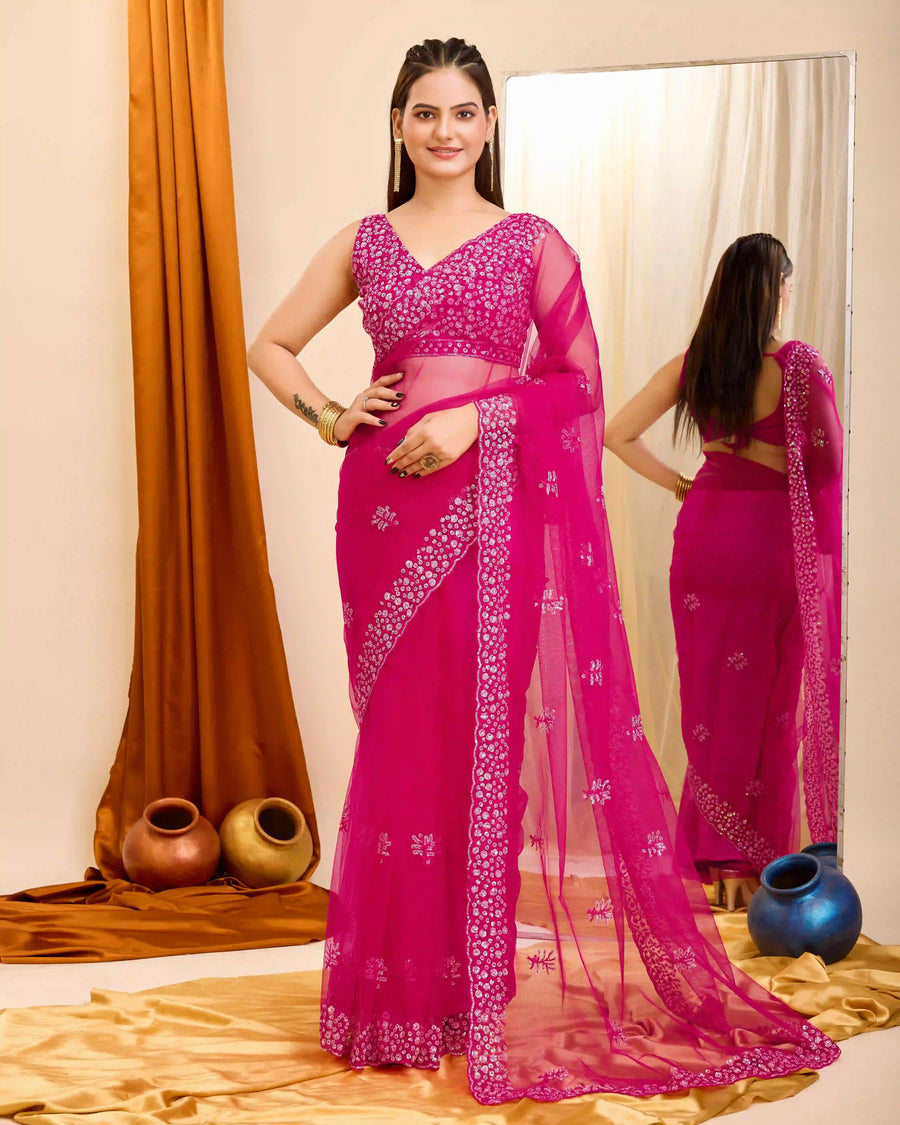 Dark Pink Soft Net Saree for Wedding Look

