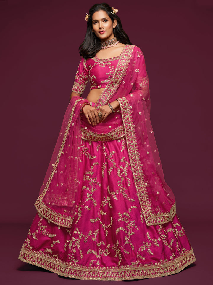 Pink bridal lehenga with thread and zari embroidery for weddings