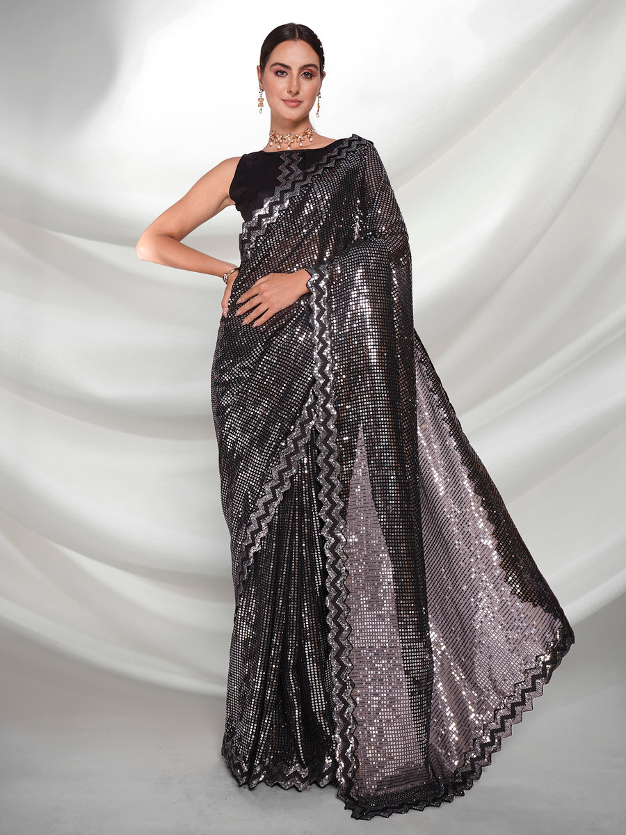 Designer Black Georgette Saree with Sequins Embroidery 