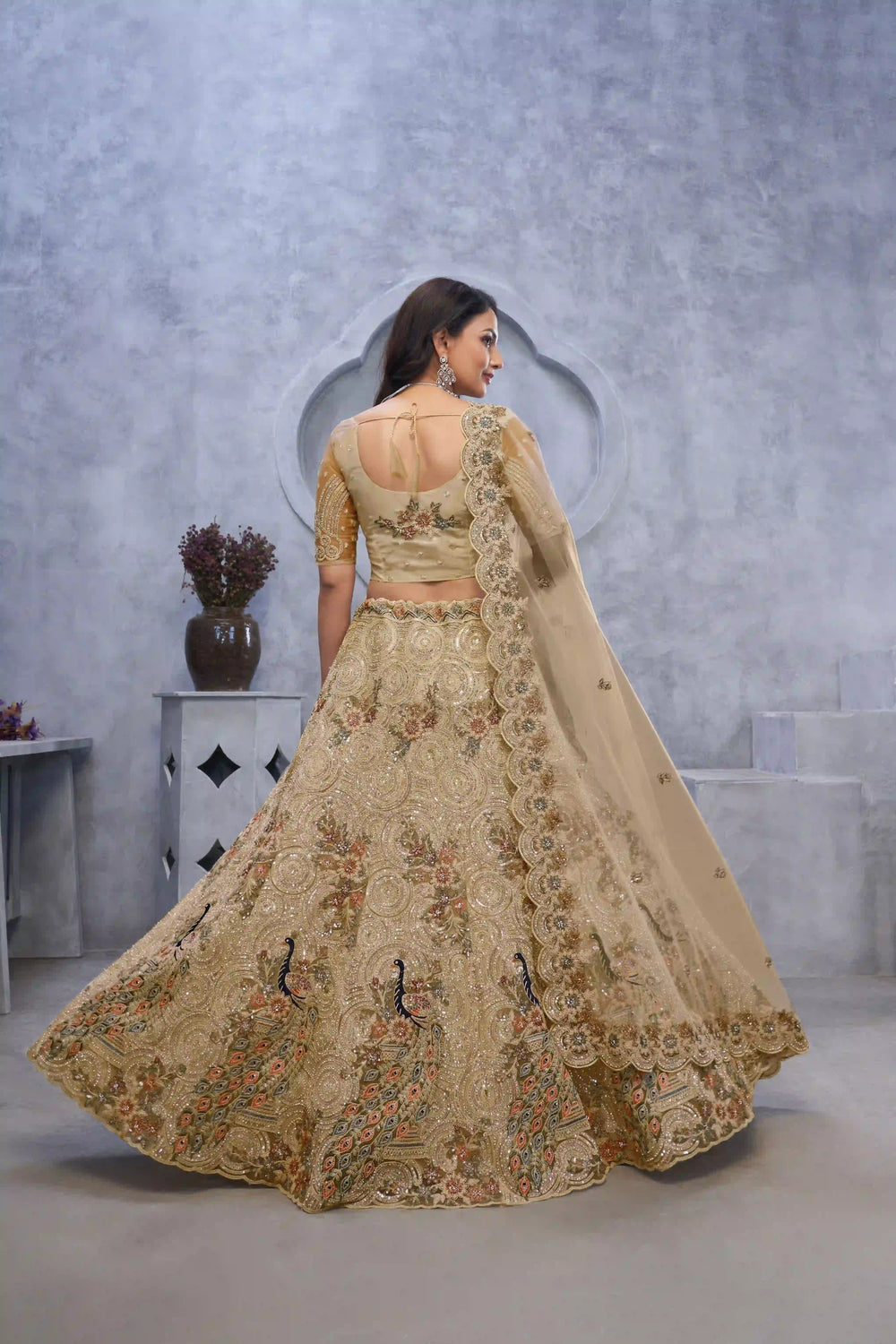 Designer Embroidery Beige Lehenga Choli with Stone Work | SilverBin

