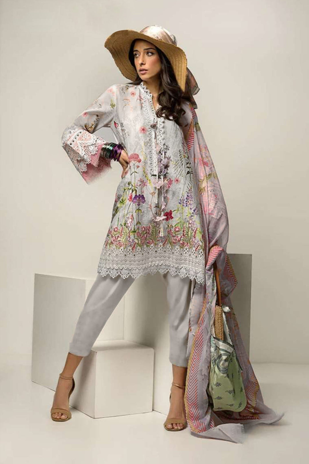 Off White Front & Back Work Cotton Salwar Kameez | Gorgeous Printed Dupatta