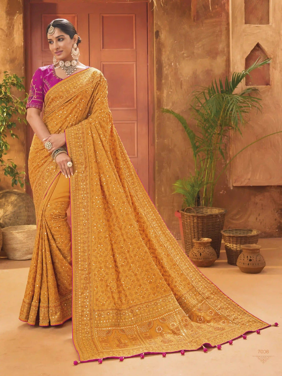 Designer Yellow Banarasi Silk Saree with Mirror Diamond Work