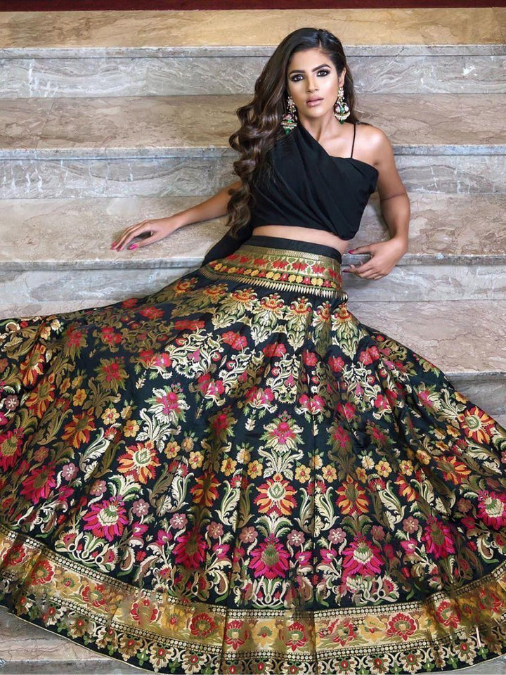 Designer black Banarasi silk lehenga with crop top