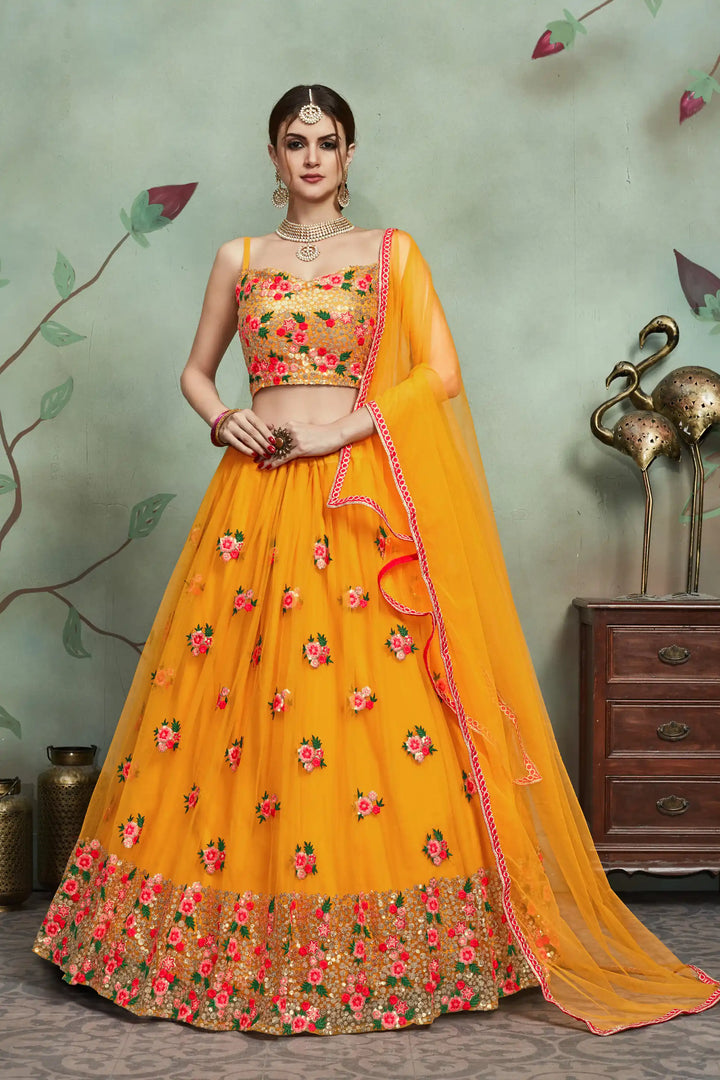 Mustard Yellow Soft Net Designer Lehenga with Sequins & Embroidered Blouse