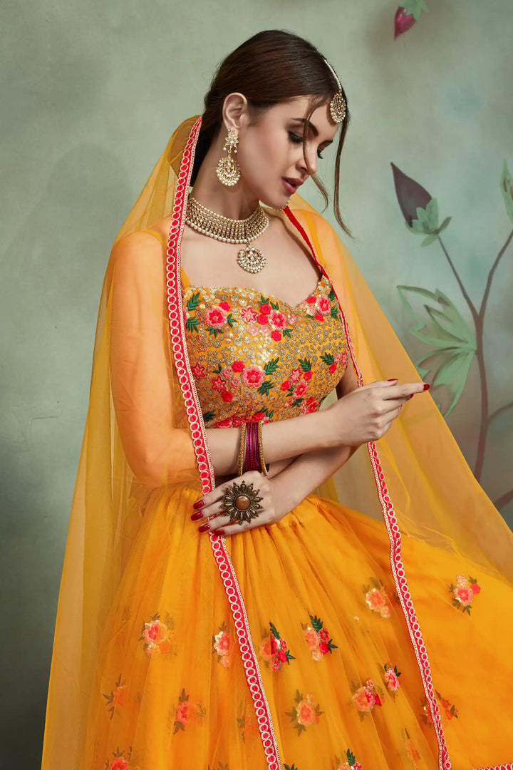 Mustard Yellow Soft Net Designer Lehenga with Sequins & Embroidered Blouse