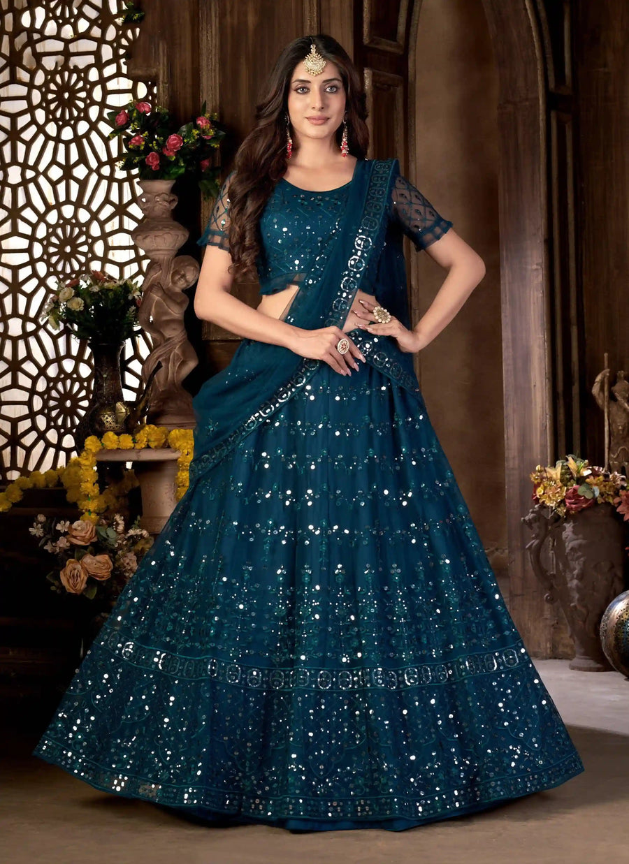 Designer net lehenga choli front view

