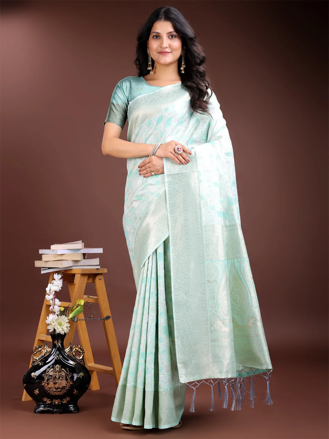 Designer sea green saree in cotton blend

