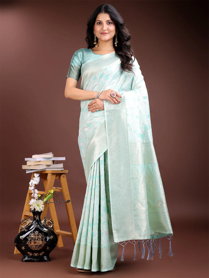 Designer sea green saree in cotton blend

