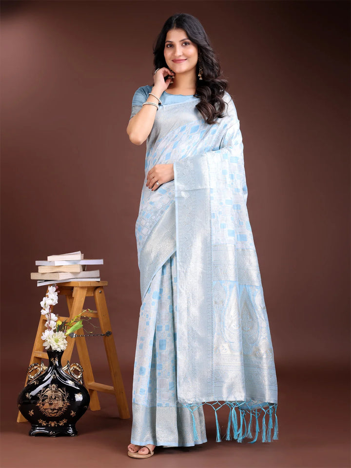 Designer sky blue saree in cotton blend

