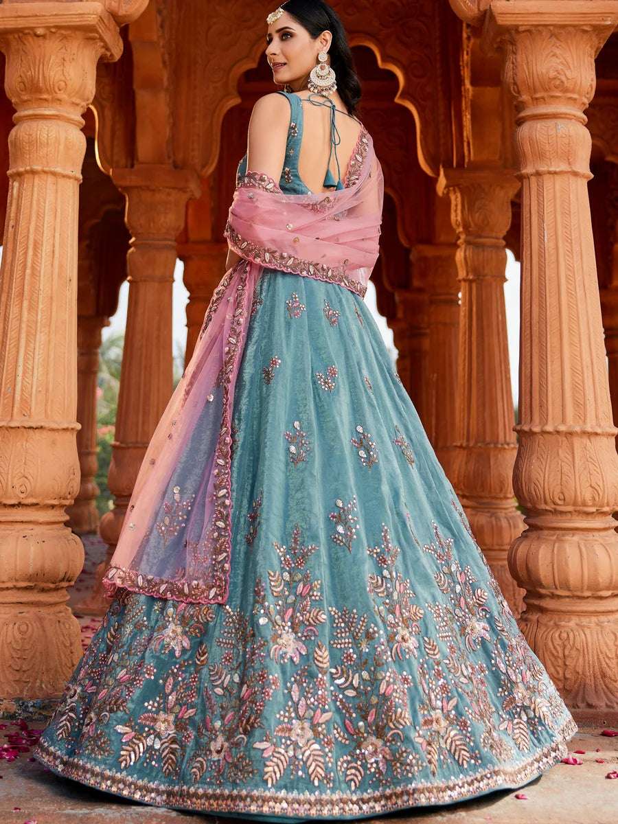 Designer teal lehenga with net dupatta