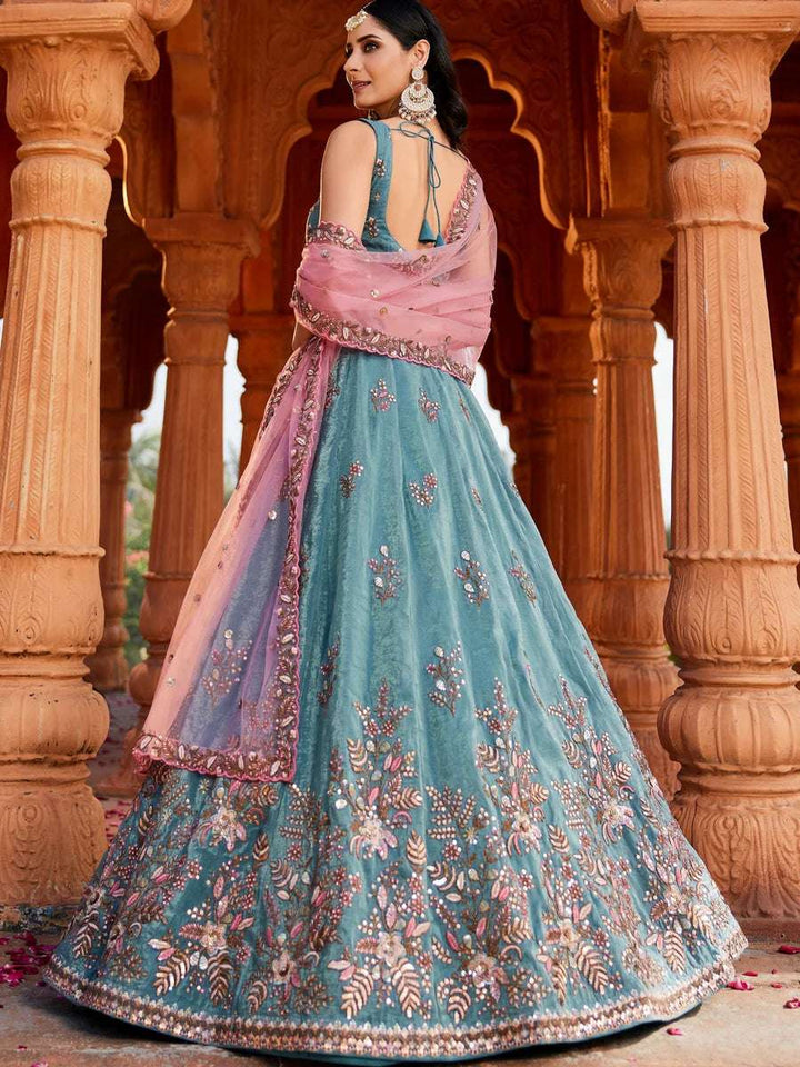 Designer teal lehenga with net dupatta