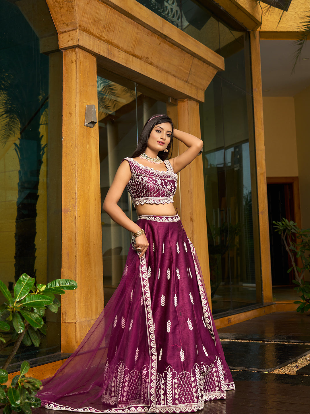 Designer wine lehenga with intricate embroidery