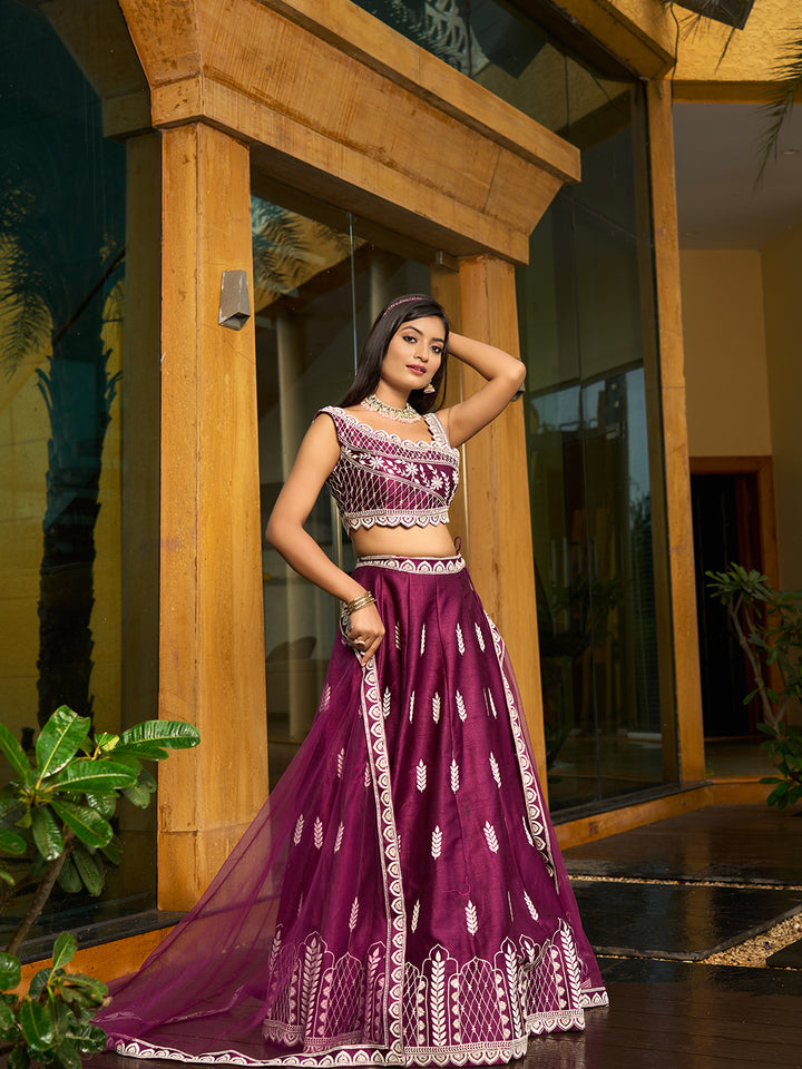 Designer wine lehenga with intricate embroidery