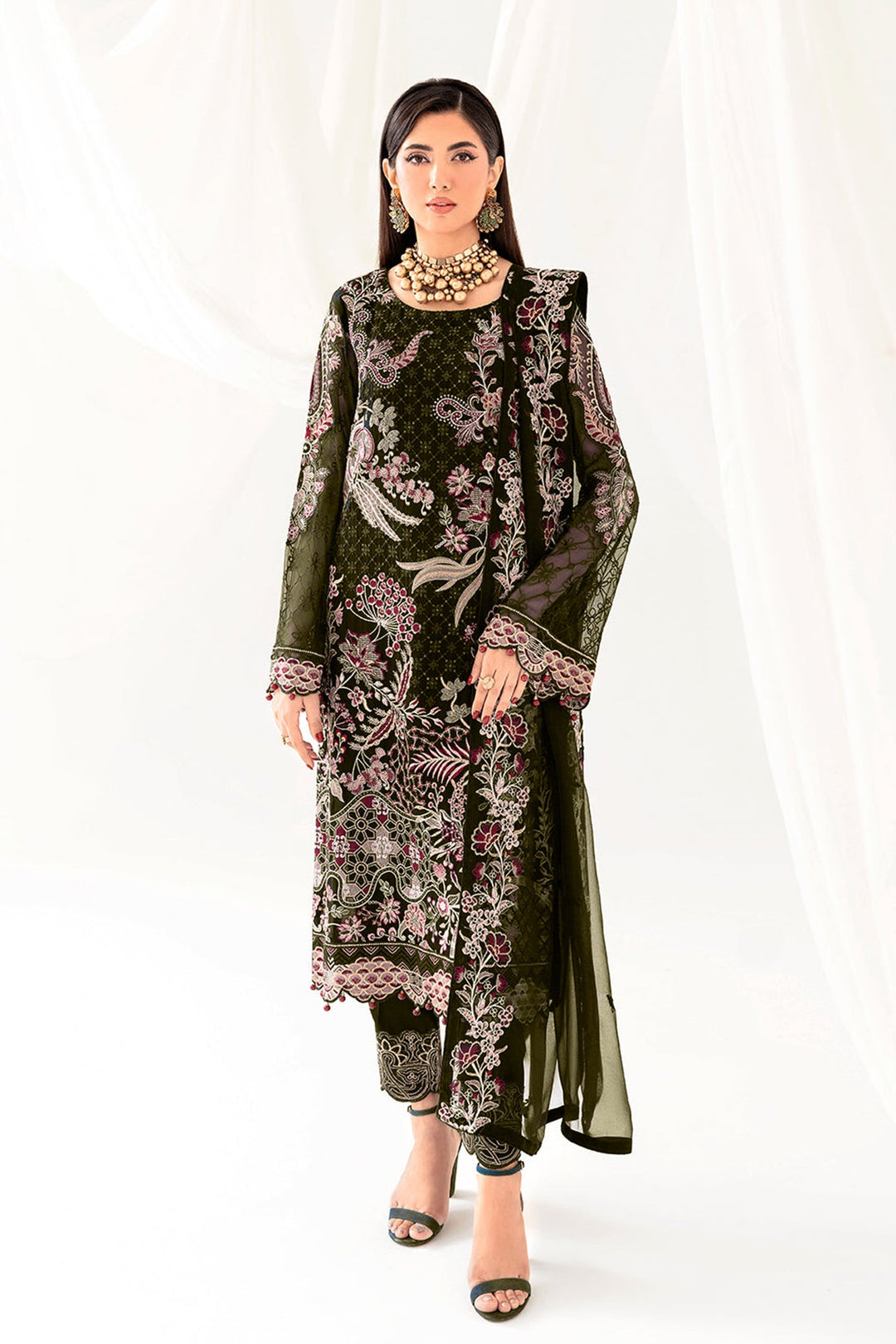 Stylish Mehendi Georgette Salwar Suit | Completed with Diamond Work
