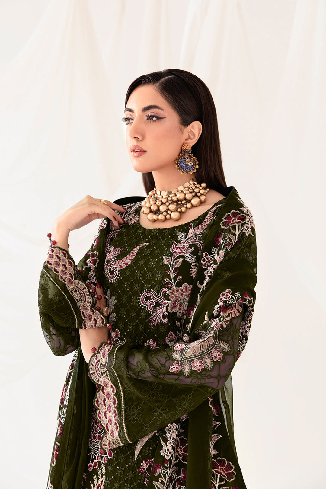 Stylish Mehendi Georgette Salwar Suit | Completed with Diamond Work