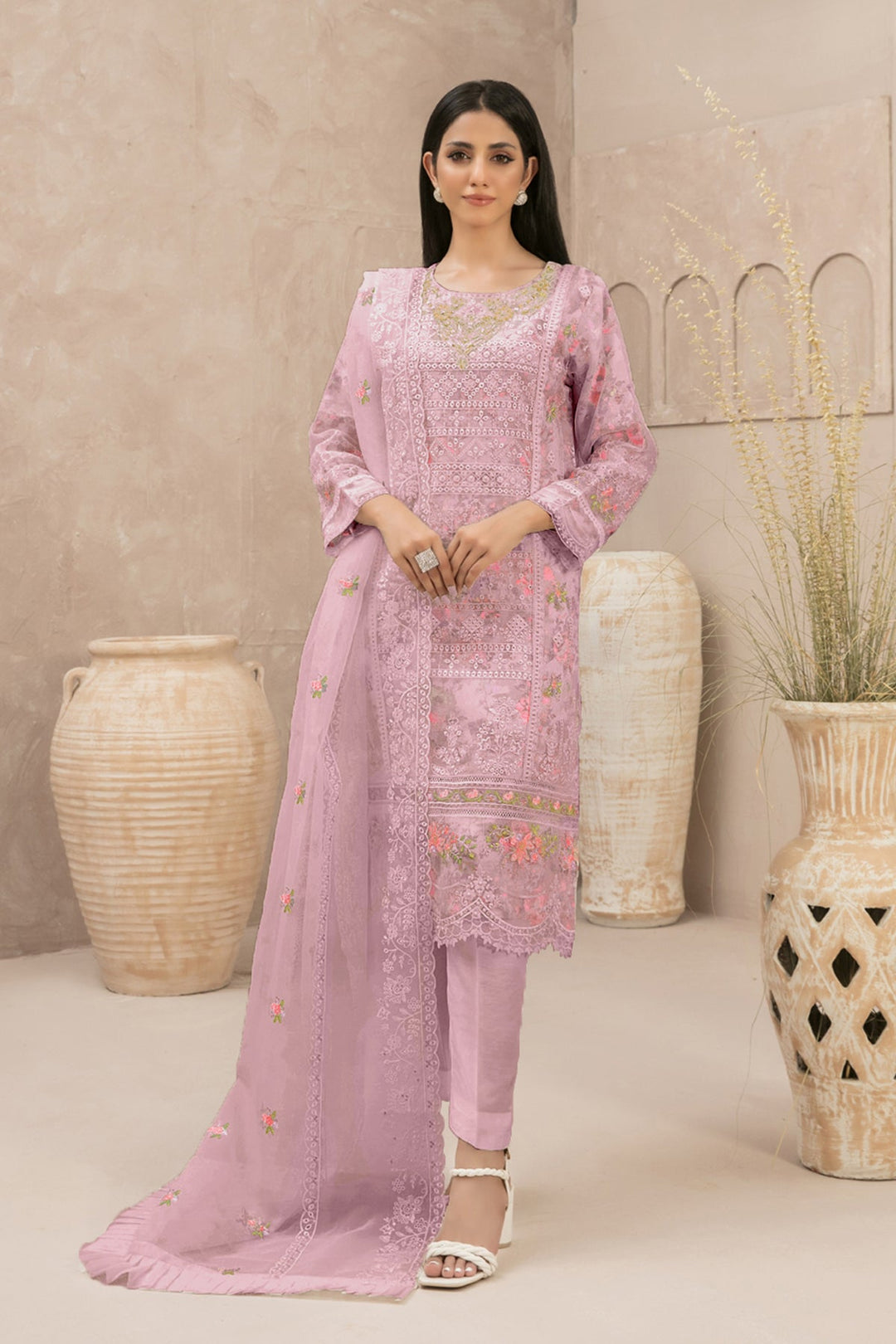 Stylish Pink Organza Kameez with Dupatta | Designer Ethnic Suit for Women