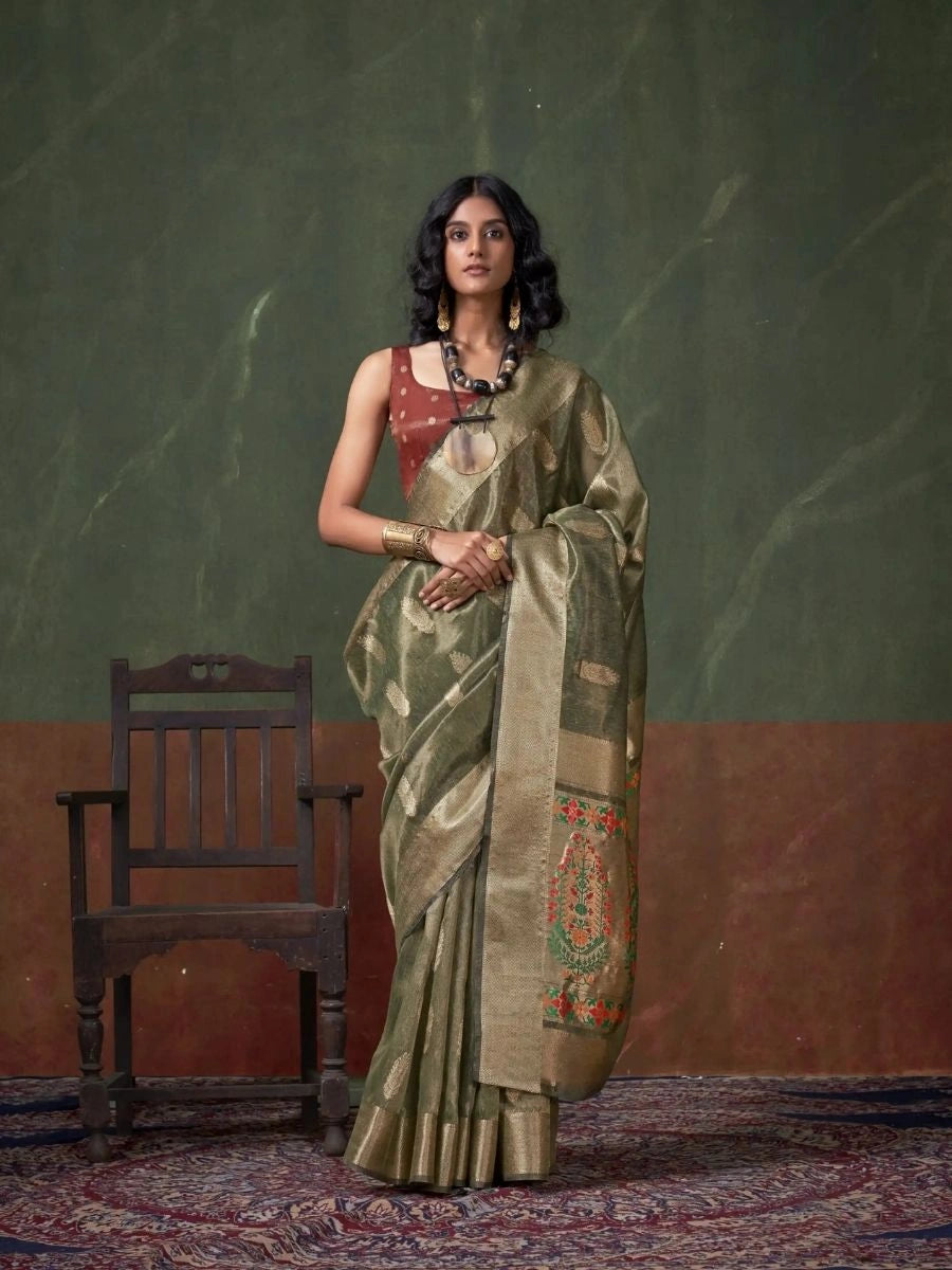 Dusty Green Paithani Silk Saree with Zari – SilverBin