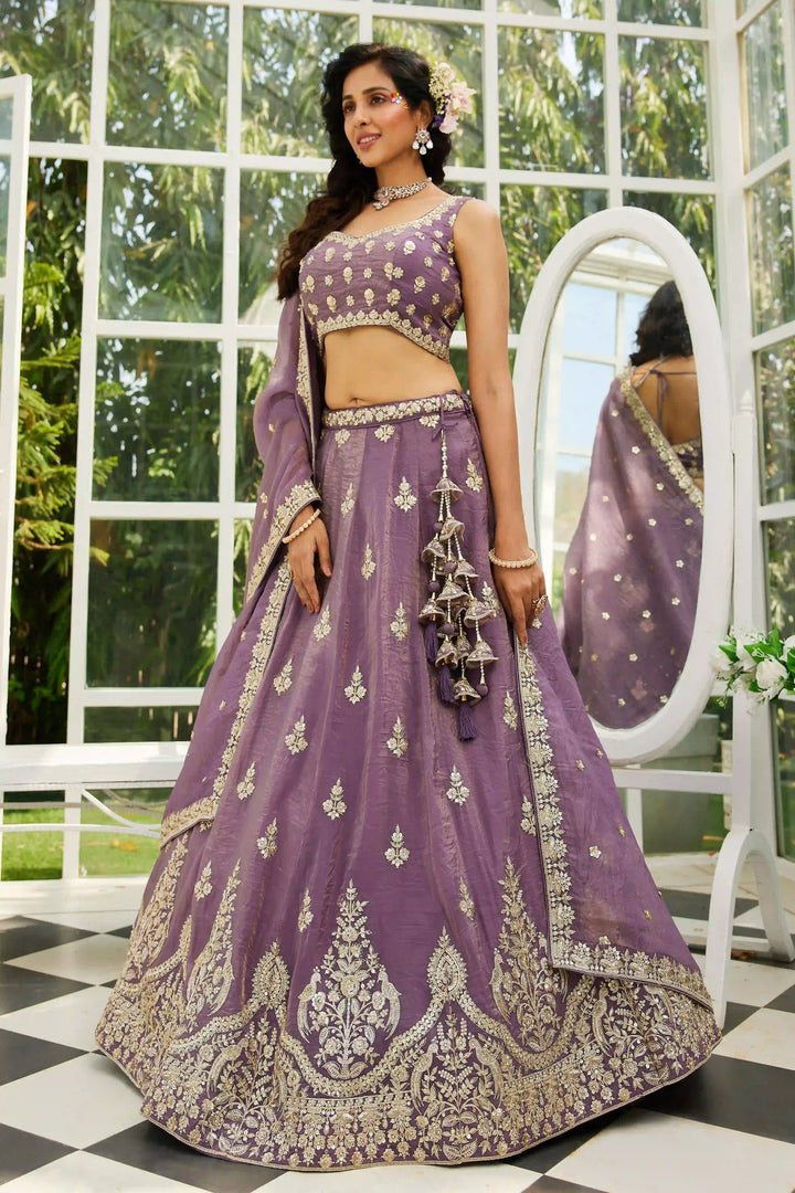 Dusty purple organza lehenga with sequins