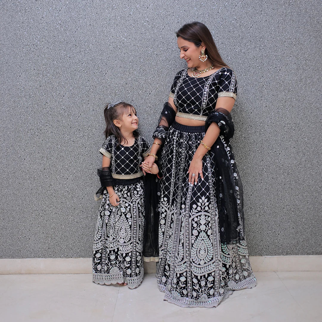 Elegant Black Lehenga Choli with White Sequins Mom and Daughter Twin Set