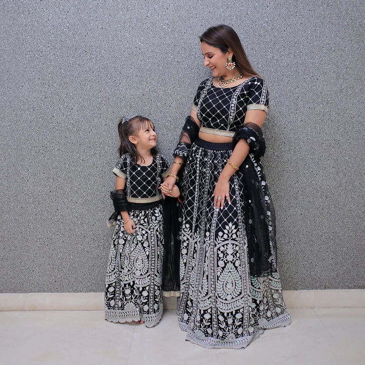 Elegant Black Lehenga Choli with White Sequins Mom and Daughter Twin Set