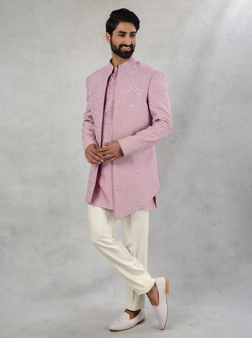 Indowestern Pink Silk Jacquard with Front Open and Assymetric Cut, Embroidered
