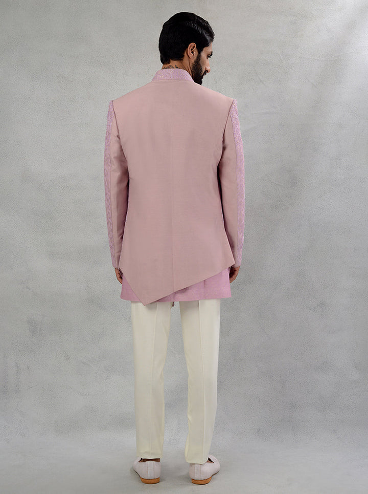 Pink Silk Jacquard Indowestern for Weddings and Sangeet, Embroidered Men's Wear