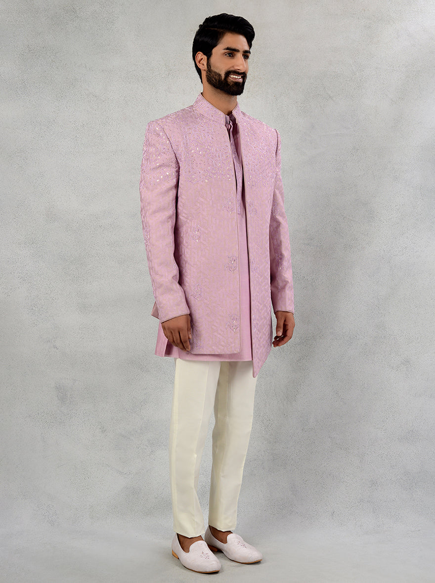 Self-Design Pink Silk Jacquard Indowestern with Cut Dana and Beads Embroidery