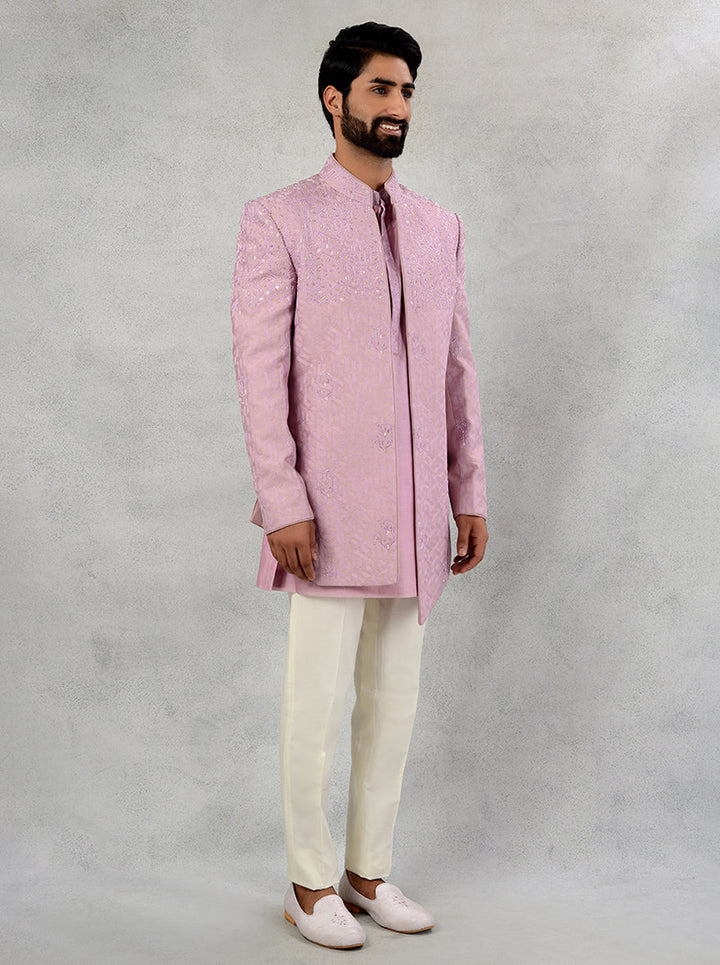Self-Design Pink Silk Jacquard Indowestern with Cut Dana and Beads Embroidery
