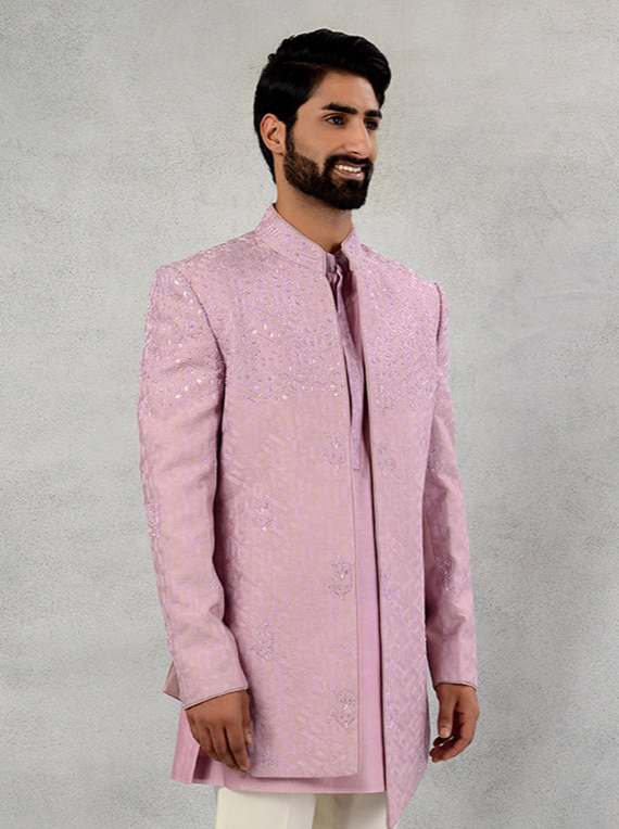 Pink Silk Jacquard Indowestern for Men | Embroidered & Self Design