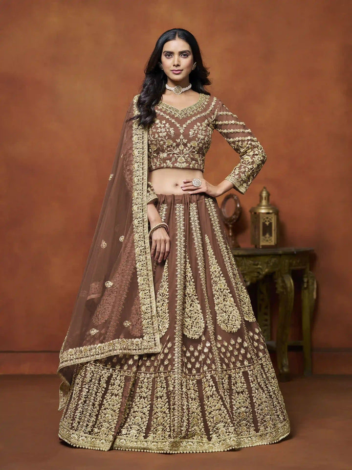 Elegant Brown Net Lehenga for Wedding Events | SilverBin

