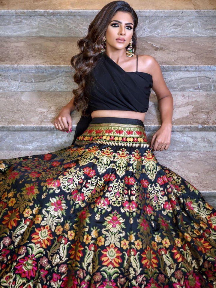 Elegant black Banarasi silk lehenga with zari embroidery