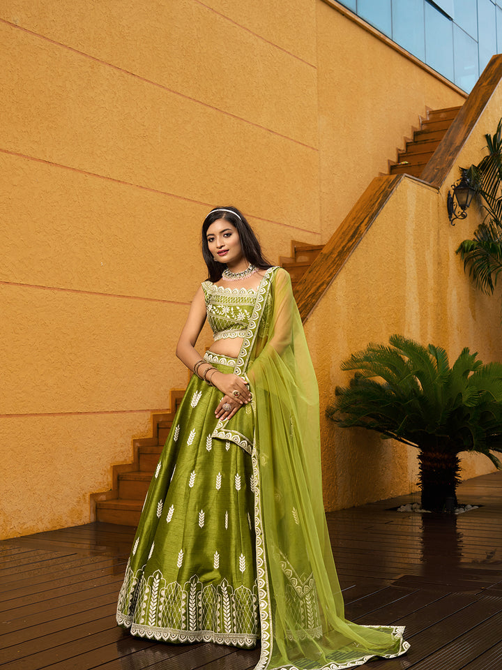 Elegant green lehenga for weddings with embroidery