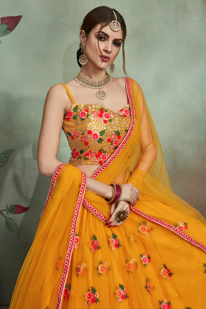 Mustard Yellow Soft Net Designer Lehenga with Sequins & Embroidered Blouse