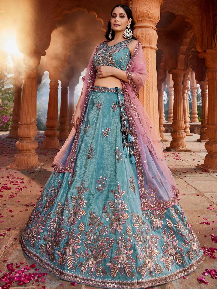 Elegant teal lehenga choli with handwork