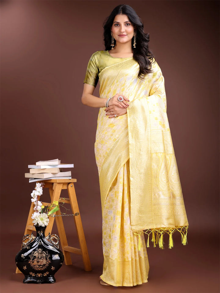 Elegant yellow linen saree with weaving