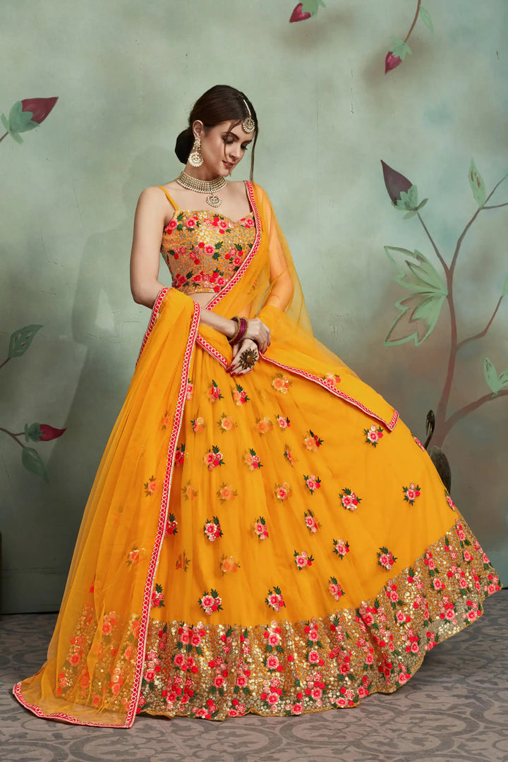 Mustard Yellow Soft Net Designer Lehenga with Sequins & Embroidered Blouse