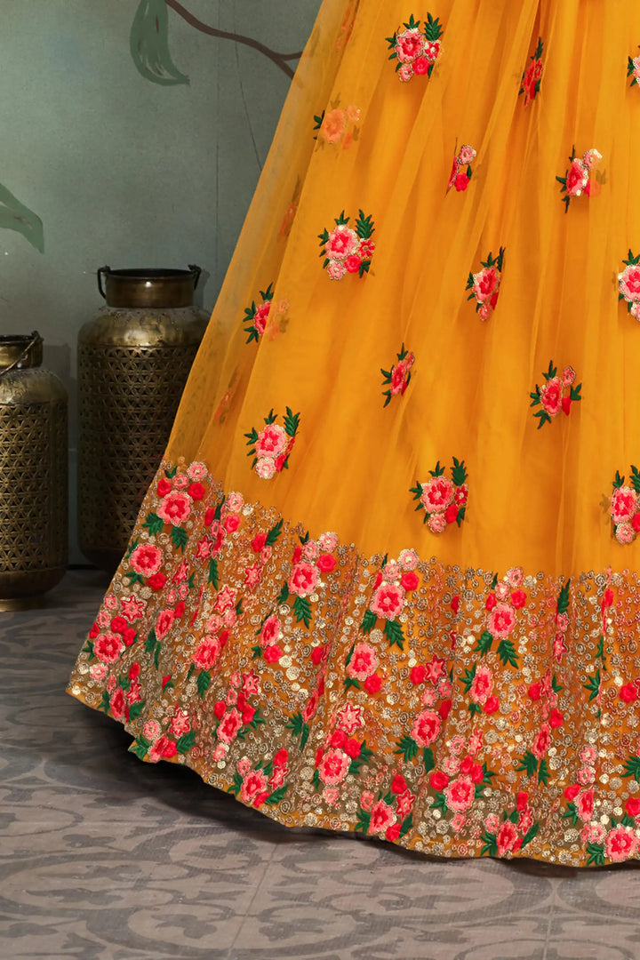 Mustard Yellow Soft Net Designer Lehenga with Sequins & Embroidered Blouse
