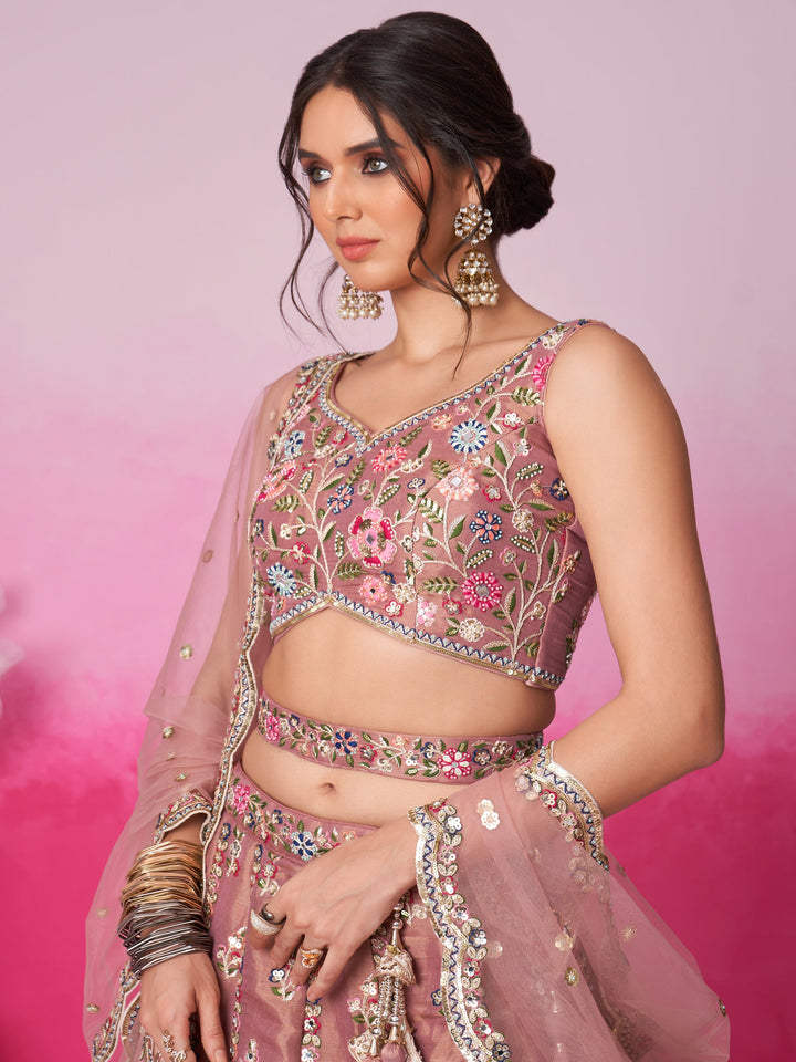 Engagement wear rose gold lehenga with sequins