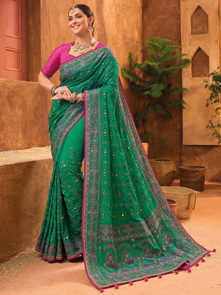 Enticing Green Mirror Work Banarasi Silk Saree with Blouse