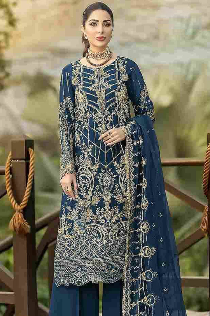 Luxury Salwar Kameez in Teal Blue | Party Wear with Moti & Embroidery