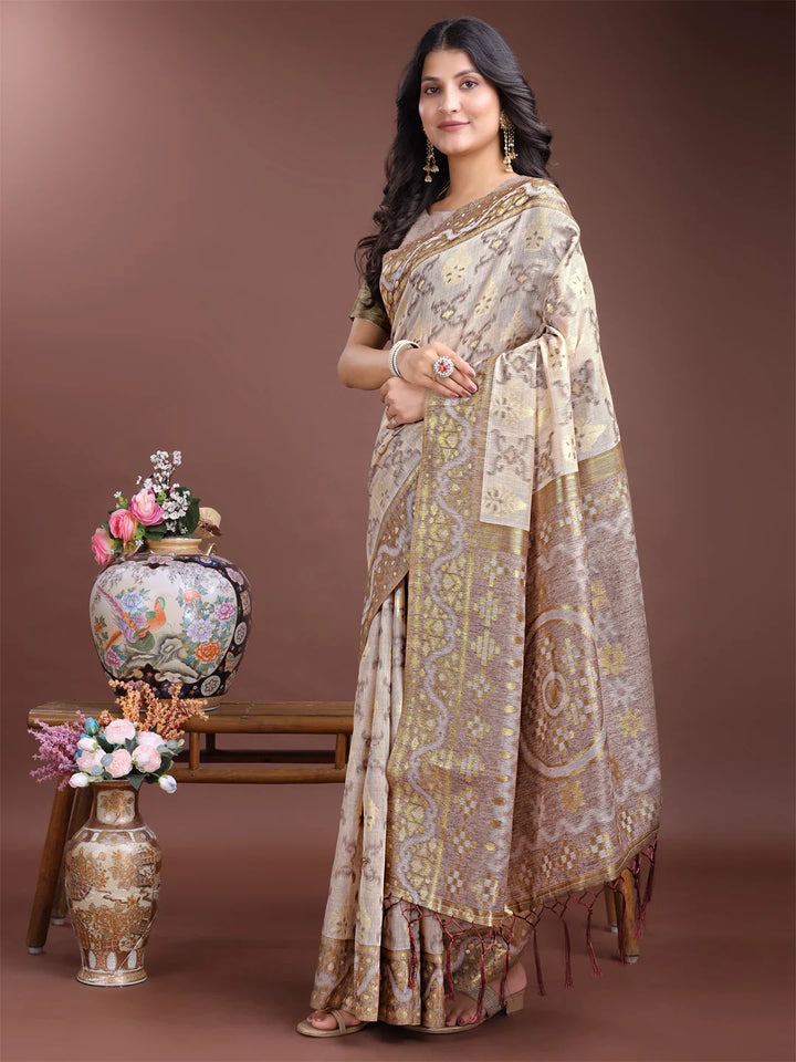 Ethnic brown saree in breathable cotton-linen blend

