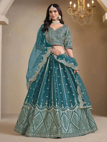 Exclusive Rame, Wine, Red & Blue Art Silk Lehenga Choli Designer